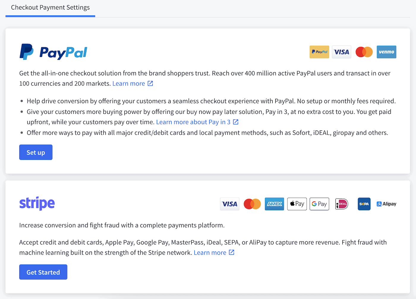 PayPal ve Stripe, BigCommerce'deki varsayılan ödeme seçenekleridir