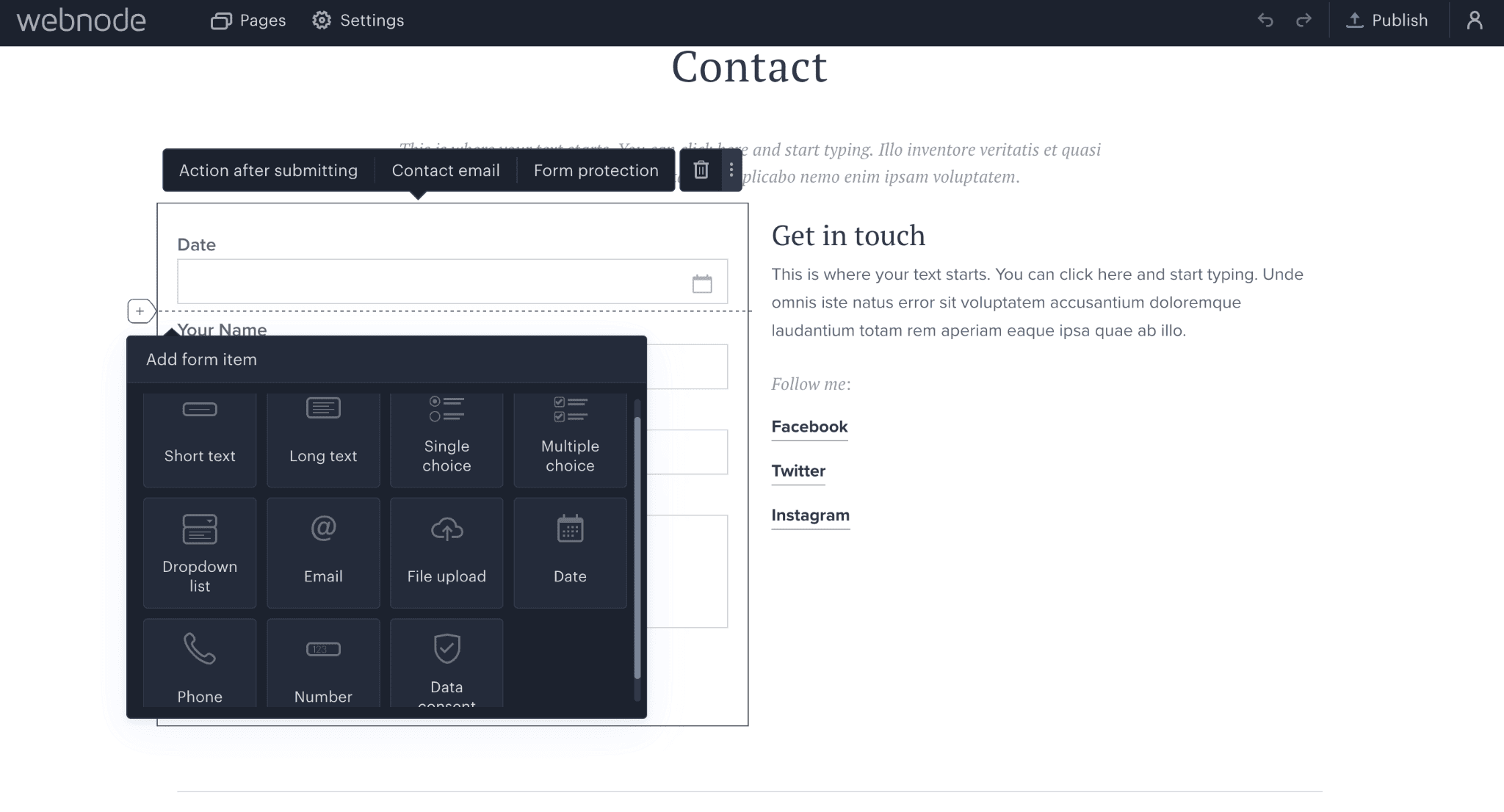 Webnode-Kontaktformular für Freiberufler