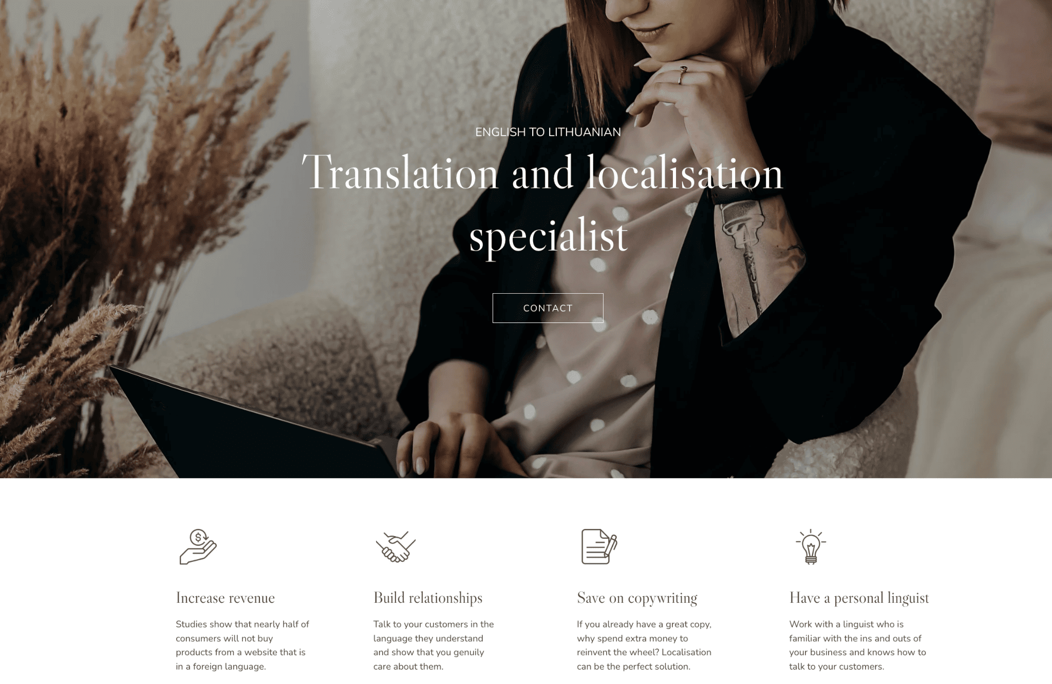 Hostinger ウェブサイト ビルダーの例: Kornelija Translates