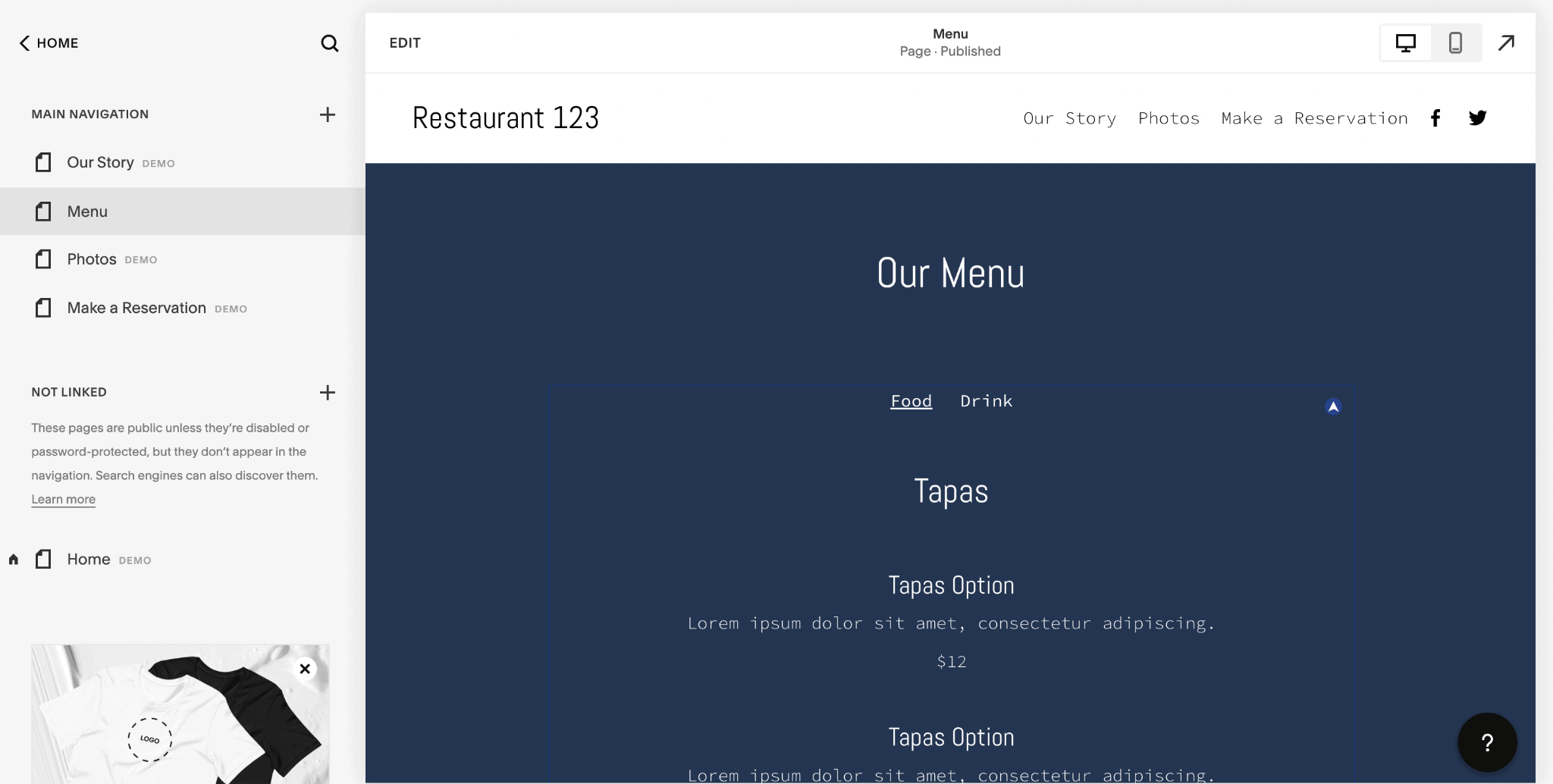 menus do Squarespace