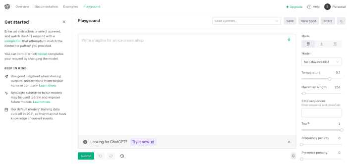 Configuration d'OpenAI Playground