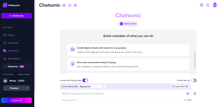 Página de entrada de ChatSonic