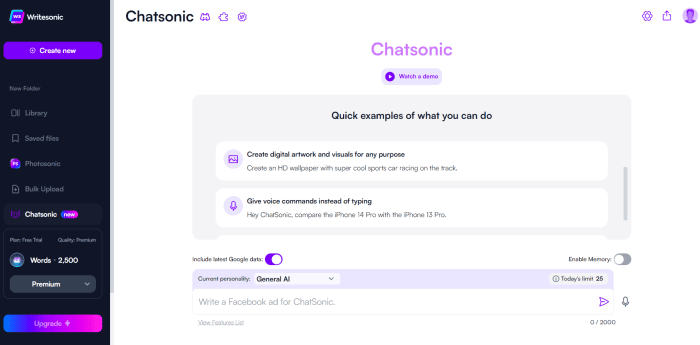 Pagina di input di ChatSonic