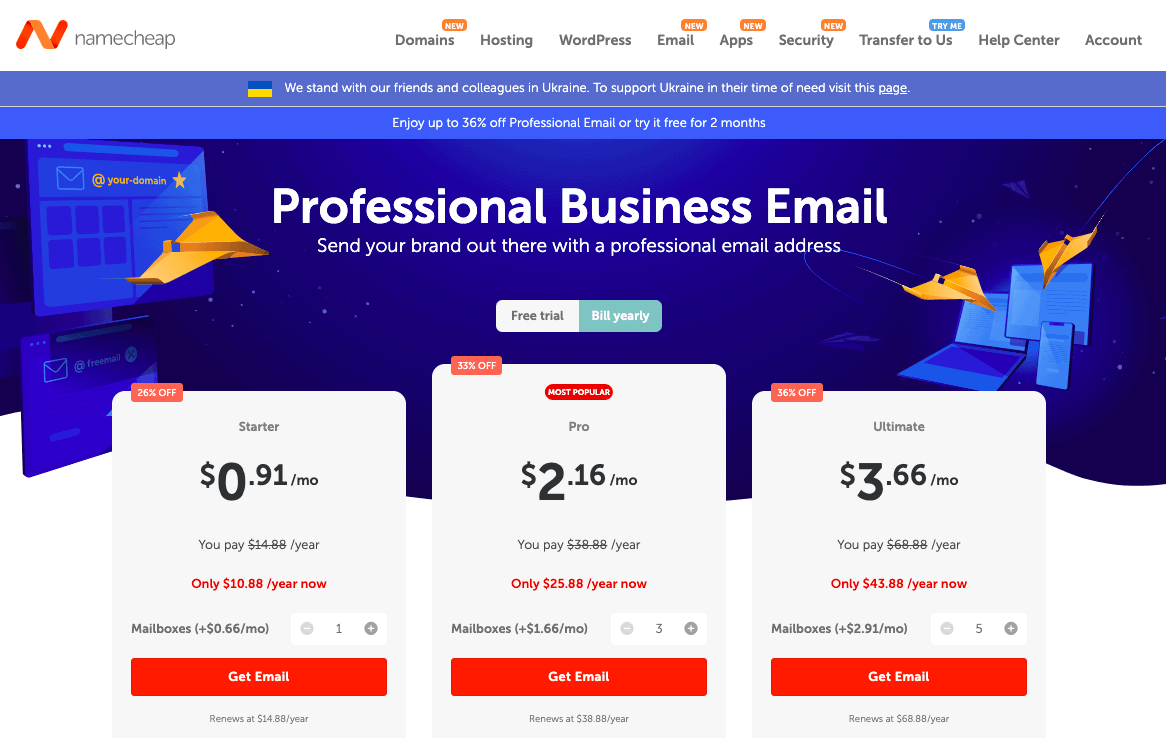 Prețurile contului de e -mail Namecheap