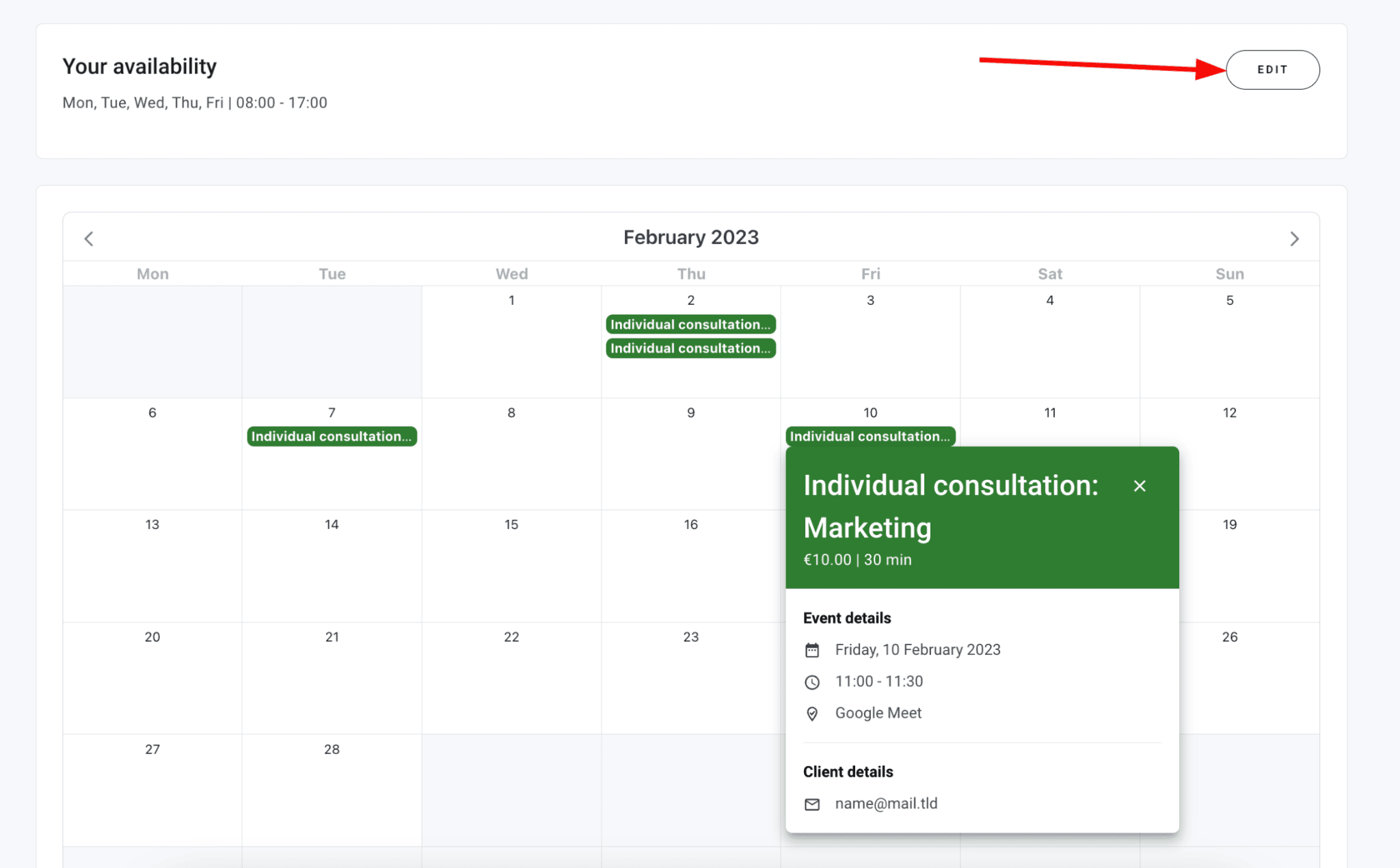 calendario de reservas de hosting