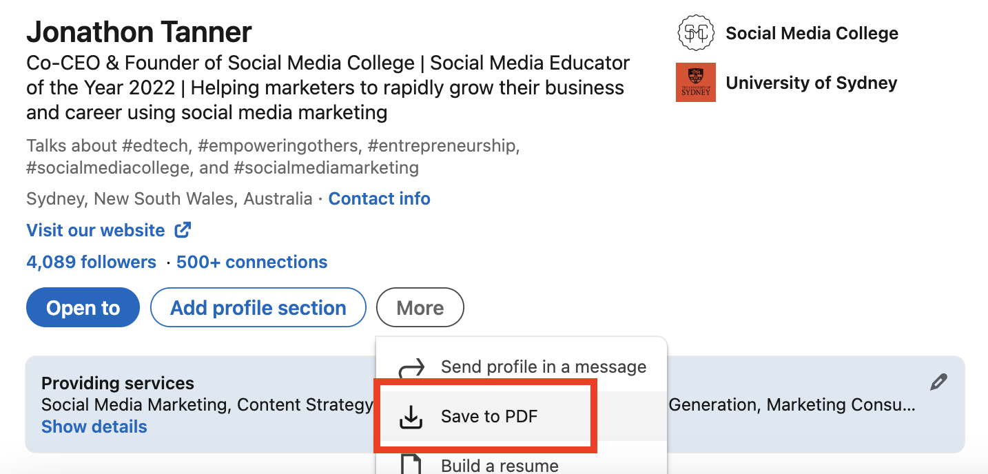 Guardar perfil de LinkedIn en PDF