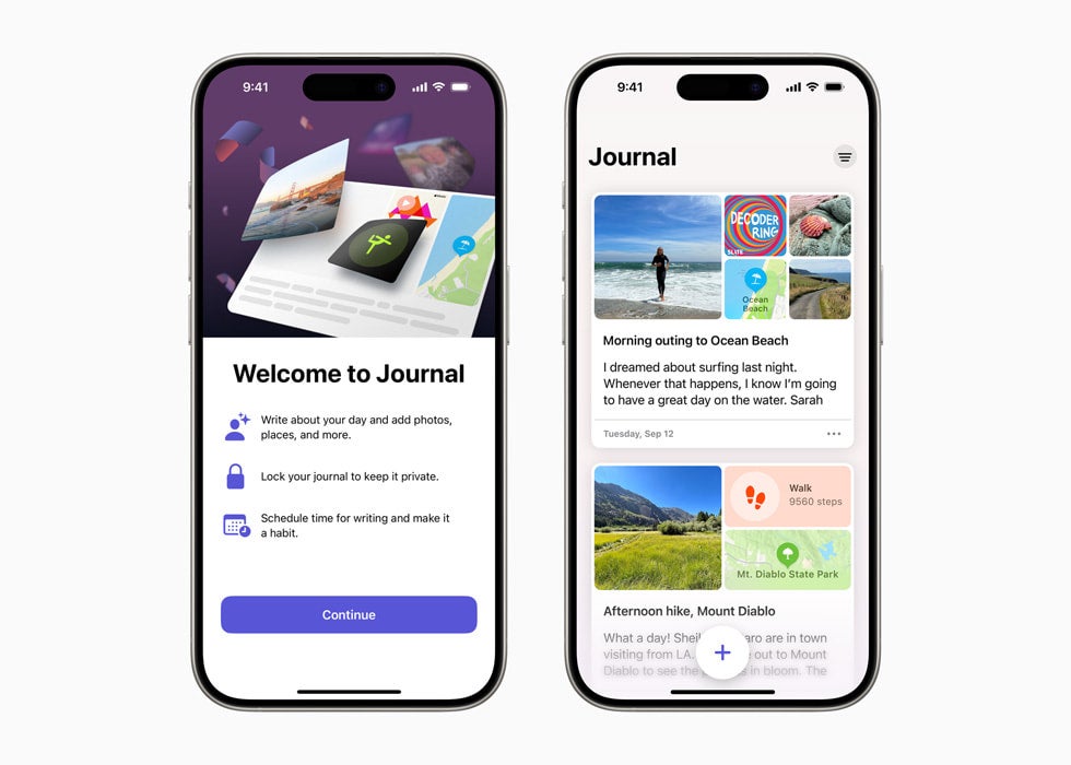 Offizielle Pressedarstellungen der neuen Journal-App von Apple, verfügbar als neue iOS 17.2-Funktion