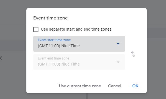 fenêtre contextuelle de fuseau horaire de l'événement