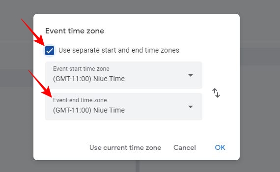 separate Start- und Endzeitzone