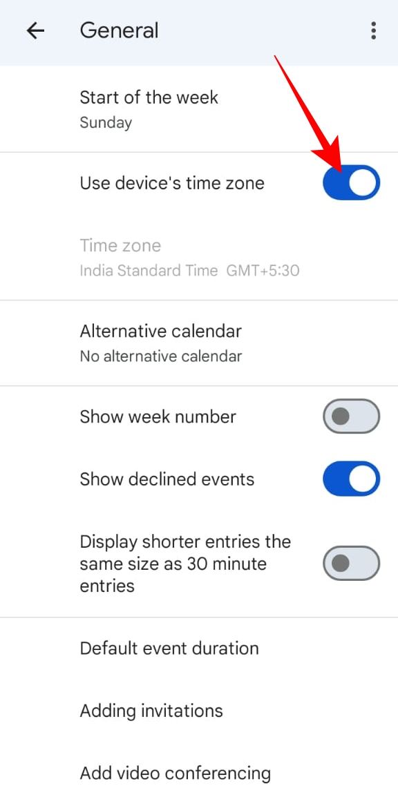 Google カレンダー アプリの一般設定