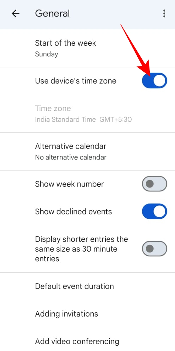 Aplicația Google Calendar Setări generale