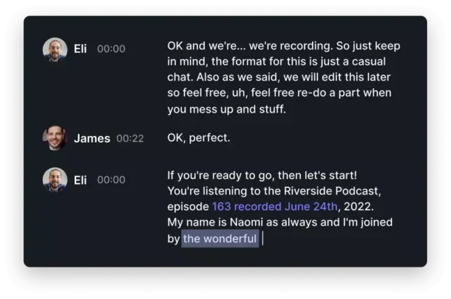 Captura de pantalla de la transcripción de Riverside AI