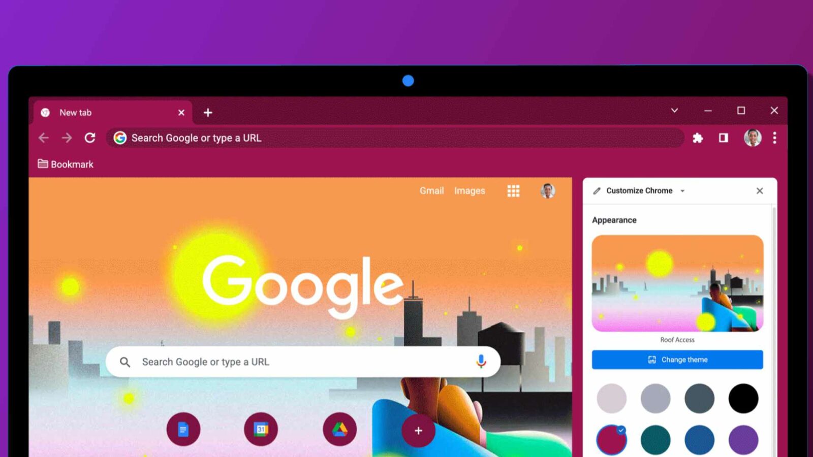 บุคคลหนึ่งกำลังปรับแต่งรูปลักษณ์ของเบราว์เซอร์ Google Chrome โดยเลือกธีมและบุ๊กมาร์กรูปภาพ Gmail และ Google ข้อความเต็ม: แท็บใหม่ x + v - × g... ค้นหา google หรือพิมพ์ url * บุ๊กมาร์ก gmail รูปภาพ ปรับแต่ง chrome × ลักษณะที่ปรากฏ หลังคาของ Google เข้าถึง q ค้นหา google หรือพิมพ์ url [] เปลี่ยนธีม +