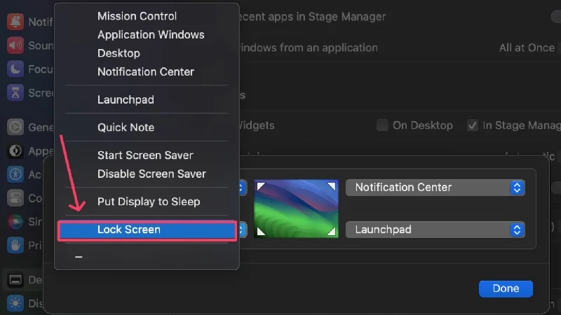 set lock screen in hot corners