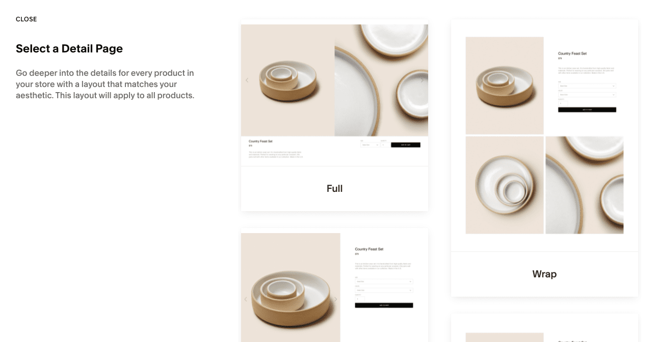 layouts de produtos do squarespace