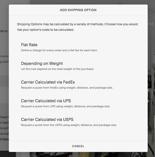 opzioni di spedizione di Squarespace