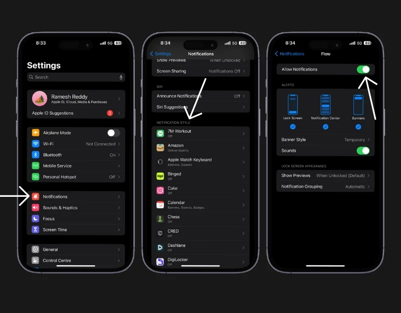 how to turn on notifications on iphone