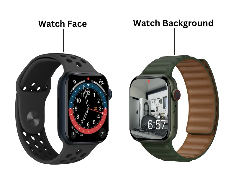 tampilan jam apel vs latar belakang jam tangan apel apple watch face vs apple watch background