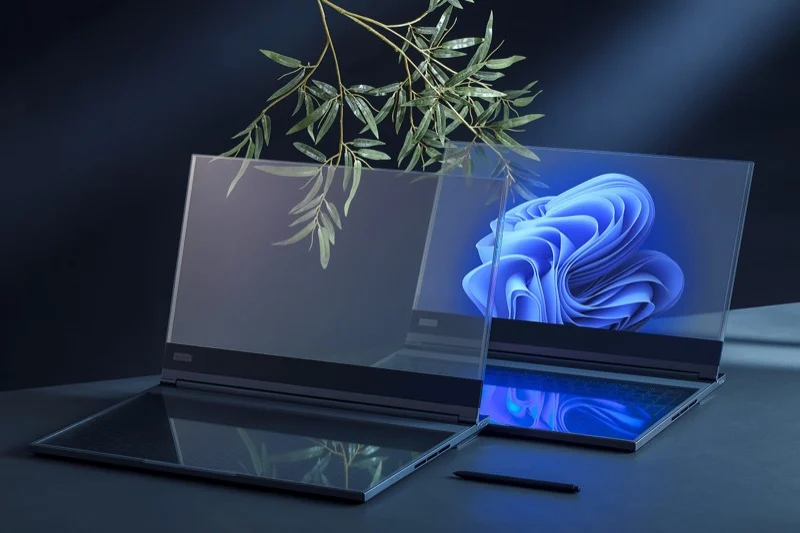 lenovo thinkbook ekran dizüstü bilgisayar konsepti lenovo thinkbook laptop with a transparent display.
