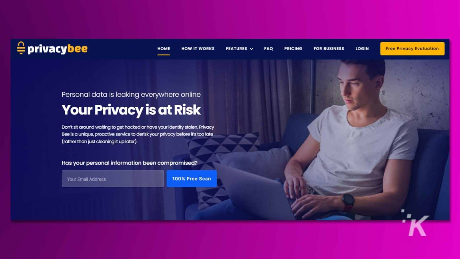 صورة للصفحة الرئيسية لموقع Privacybee وهو موقع لحماية البيانات الشخصية