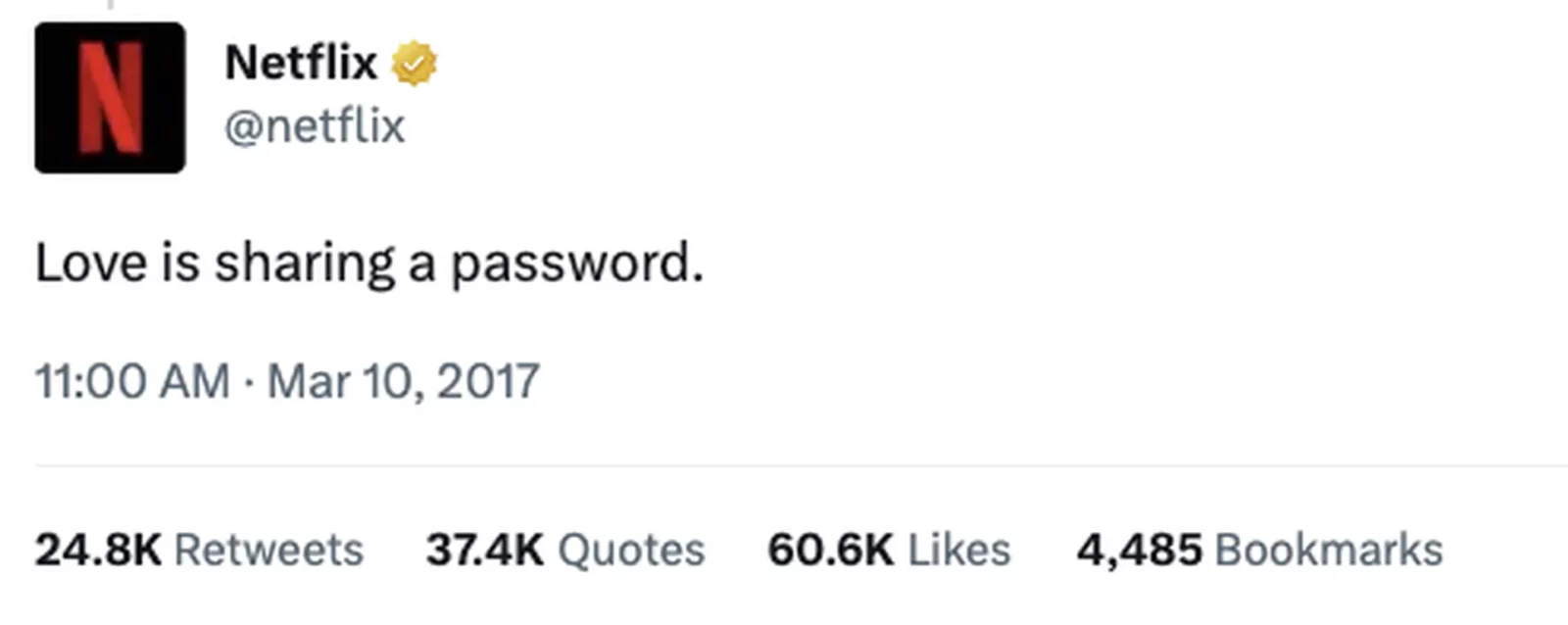 max لتنفيذ حملة قمع مشاركة كلمات المرور في وقت لاحق من هذا العام A popular netflix account is promoting the idea that sharing a password with someone is a sign of love. Full text: n netflix @netflix love is sharing a password. 11:00 · mar 10, 2017 24. 8k retweets 37. 4k quotes 60. 6k likes 4,485 bookmarks