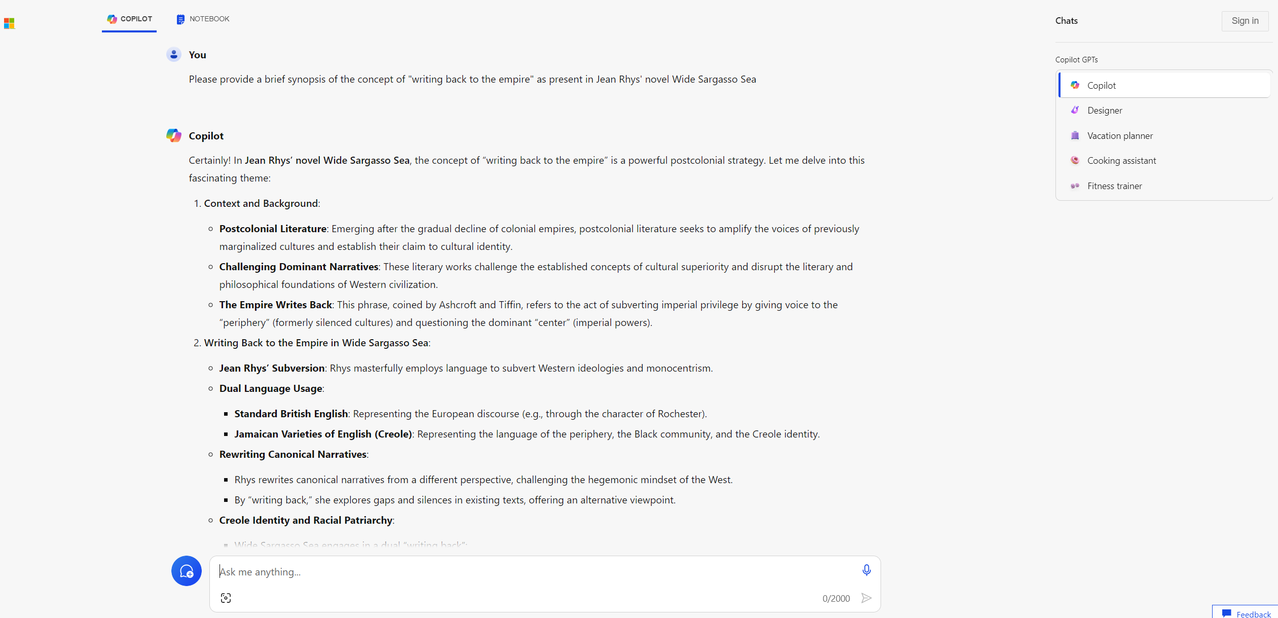 Captura de tela do Microsoft Copilot AI respondendo a uma pergunta usando o modelo de linguagem grande GPT-4