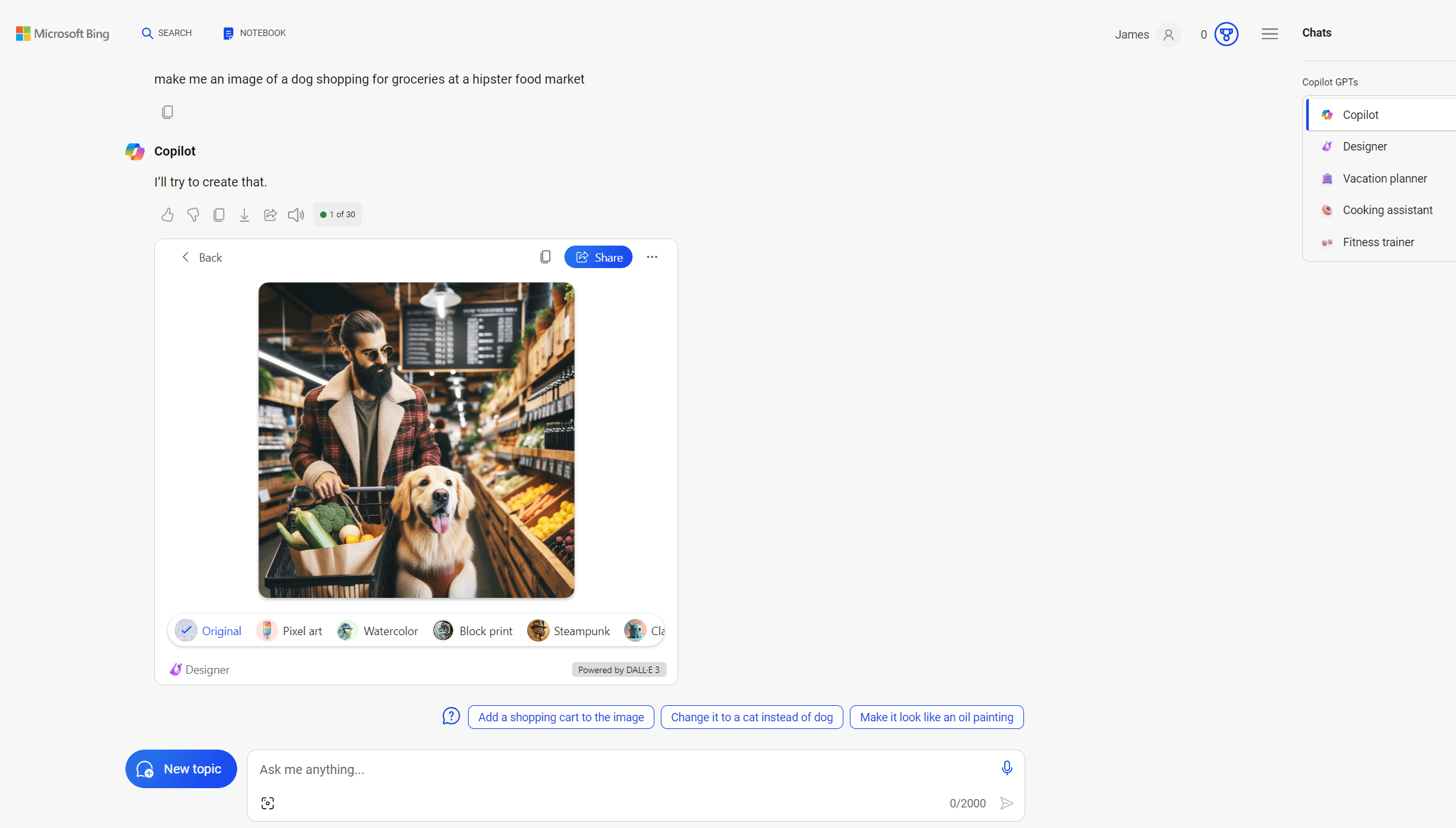 Captura de tela do Copilot usado por meio do Bing mostrando geração gratuita de imagens DALL-E 3 e recursos GPT-4