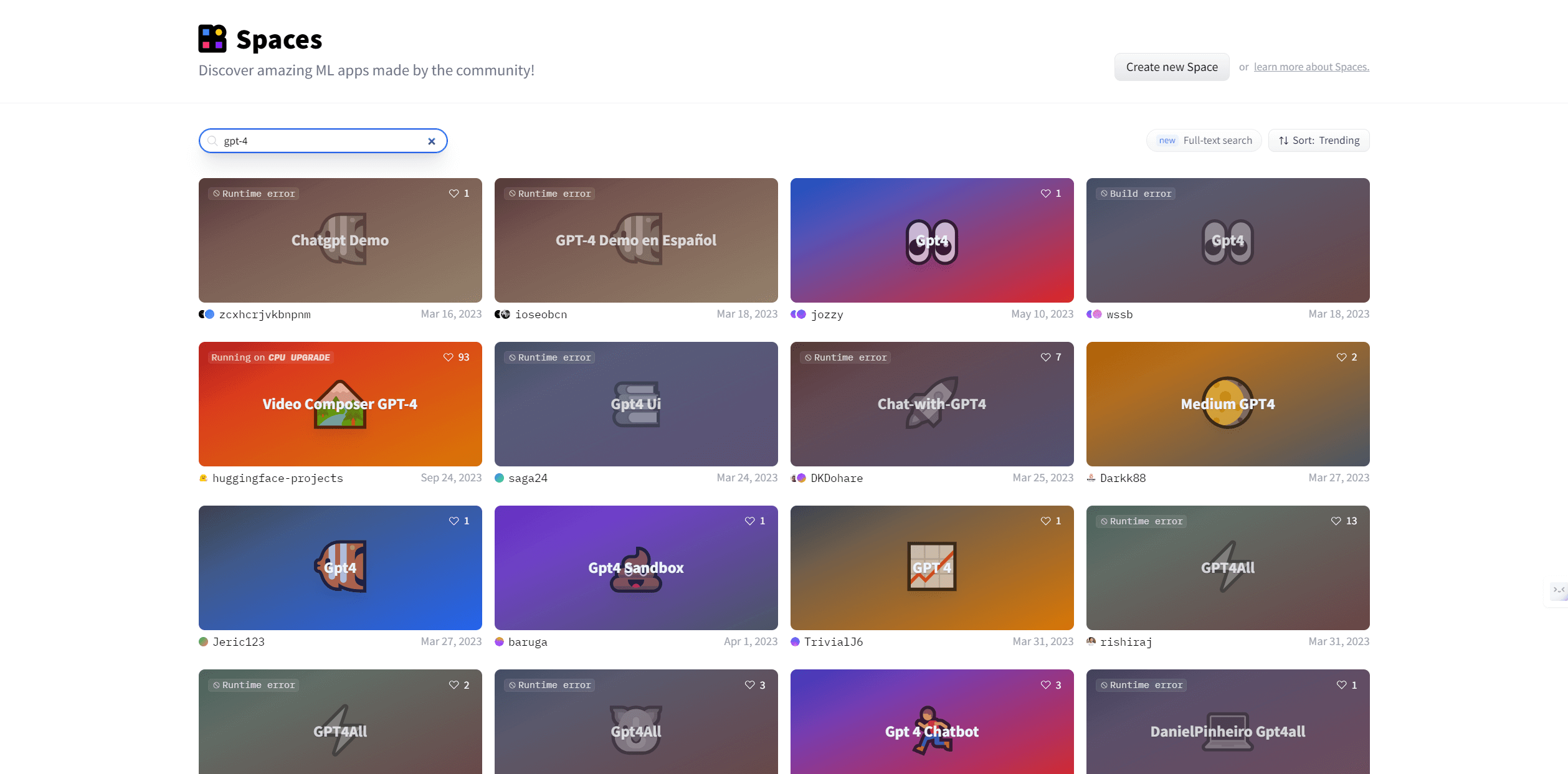 Скриншот GPT-4 Spaces на веб-сайте Hugging Face сообщества искусственного интеллекта с открытым исходным кодом