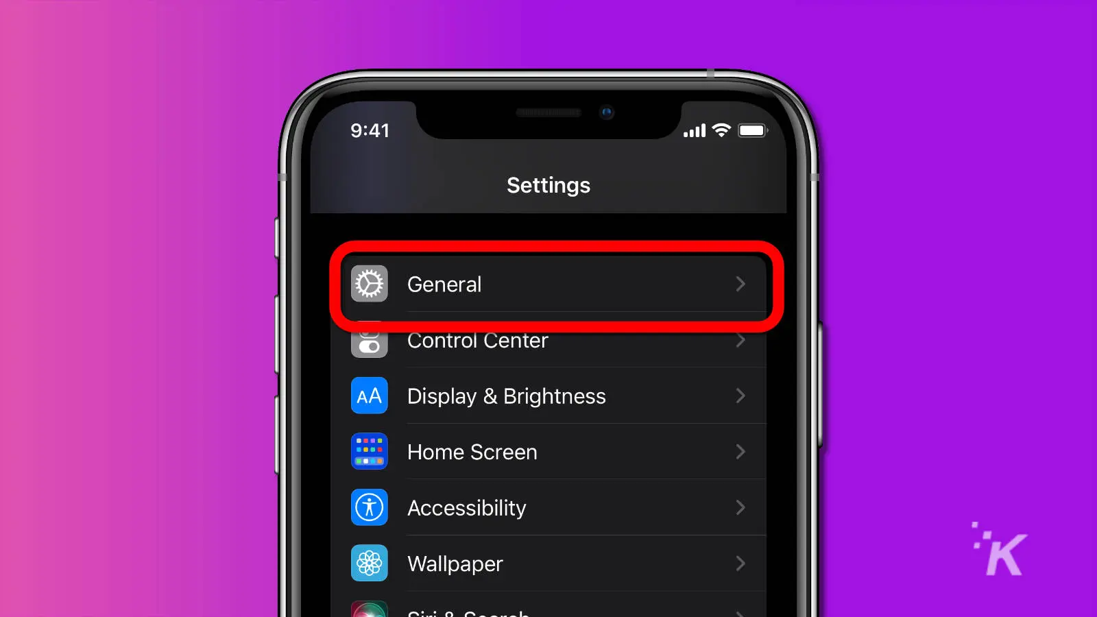 Screenshot of ios settings showing the general menu item