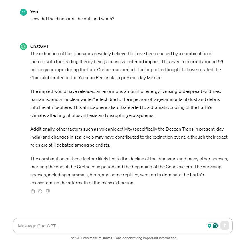 Chatgpt объясняет, почему вымерли динозавры