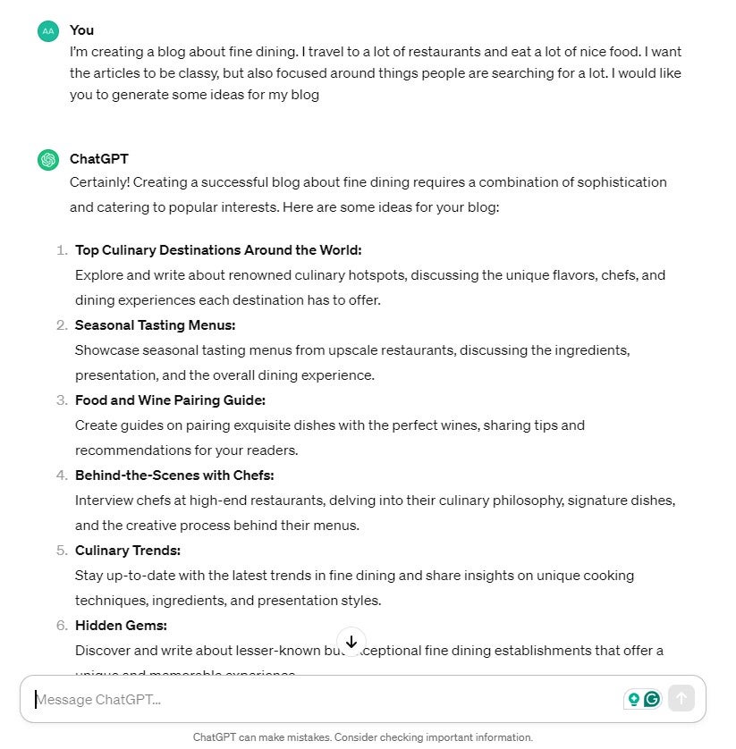 Chatgpt генерирует сообщения в блогах о изысканных ресторанах