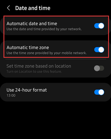 Automatic date and time and Automatic time zone