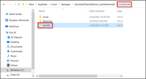 LocalCache folder to find and open your Spotify folder