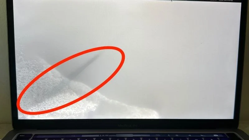 schermo all'interno del macbook acquatico macbook display with signs of water damage