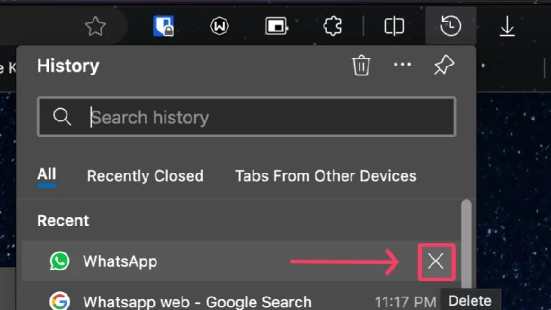 delete particular history in edge