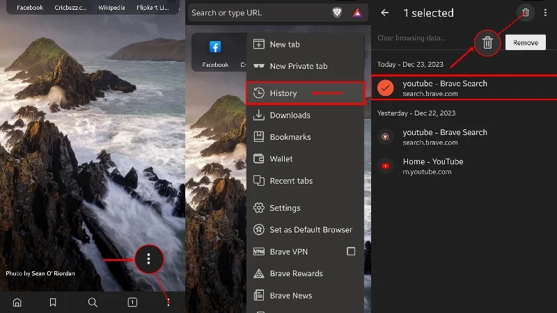 delete specific history in brave on mobile