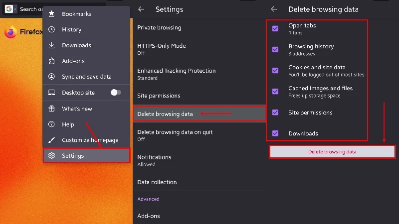 delete browsing data in firefox on mobile