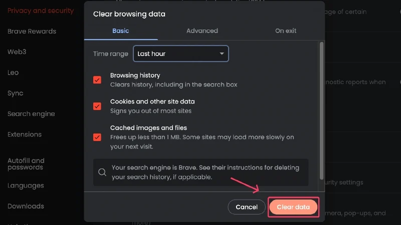 delete search history in brave