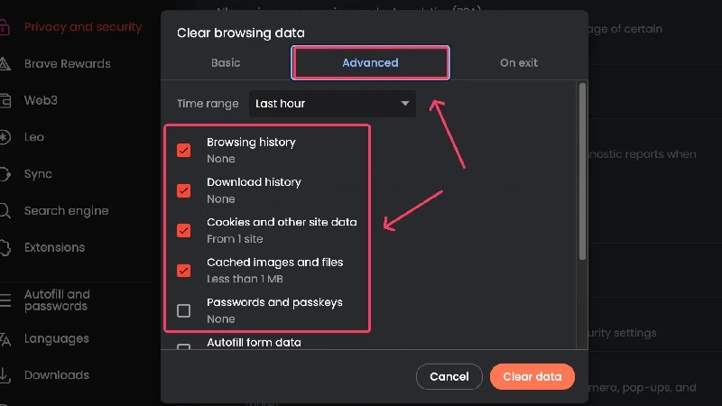 advanced browsing data brave
