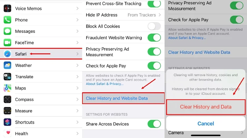delete search history and website data both in safari on iphone