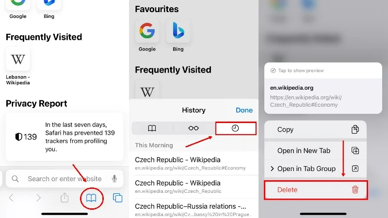 delete search history in safari on iphone