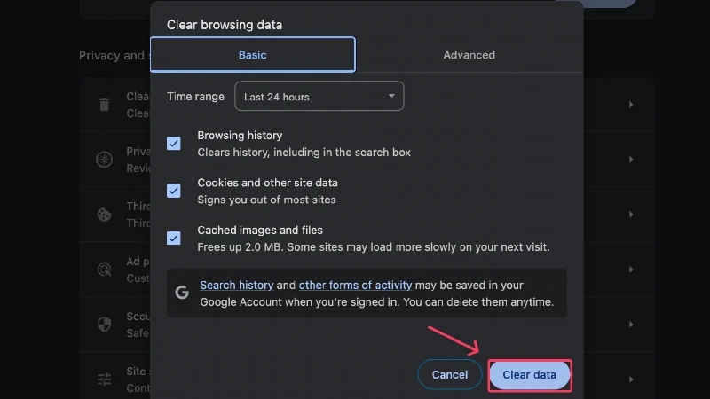 clear data in chrome