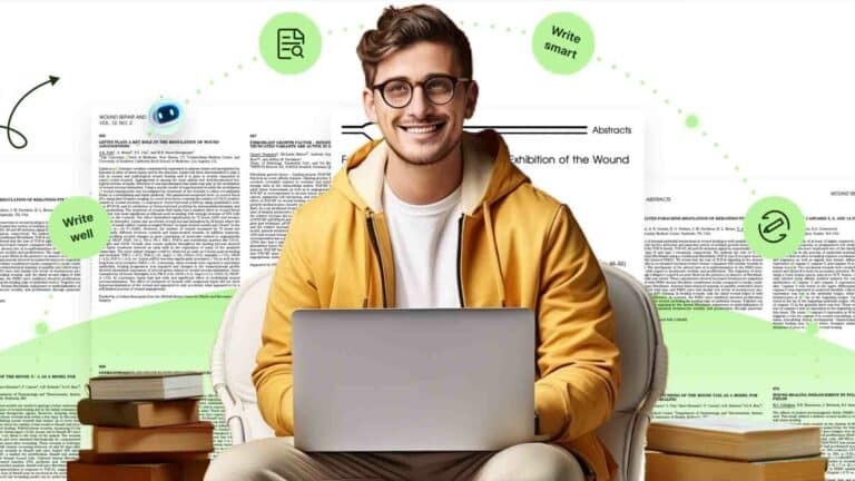 エッセイフローは最先端の検出不可能な AI エッセイライターです Young man in front of a computer using essayflow