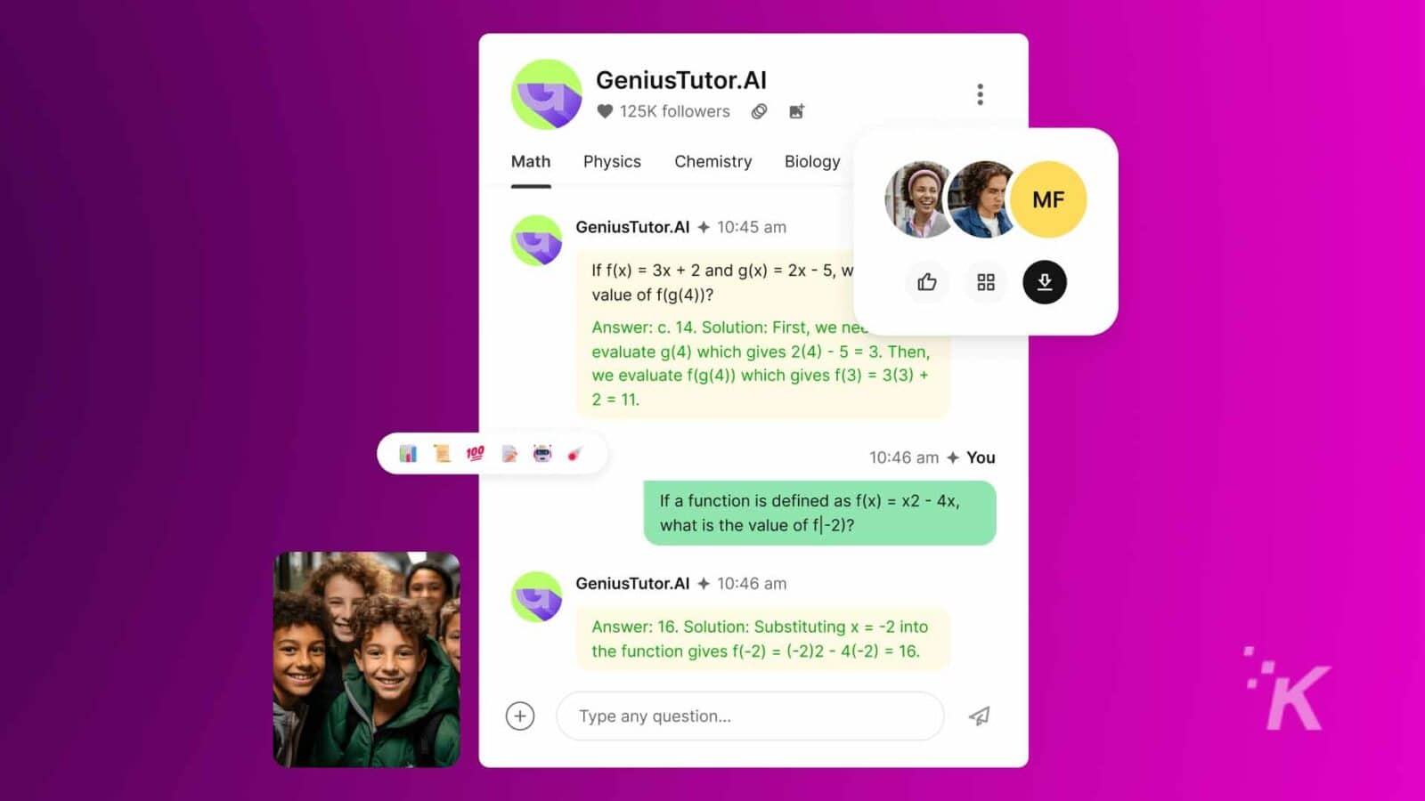 천재튜터는 빠르고 스마트하며 정확한 AI 숙제 도우미입니다 Teens using the geniustutor app in a purpleback ground