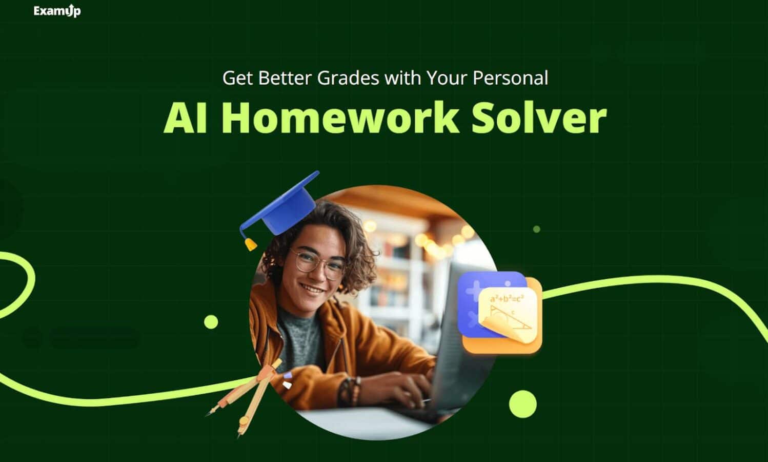 En iyi 10 ev ödevi yapay zekası: çalışmanıza yardımcı olacak ücretsiz çevrimiçi yapay zeka dersleri Examup homepage with a ai homework solver and a teen on a laptop.