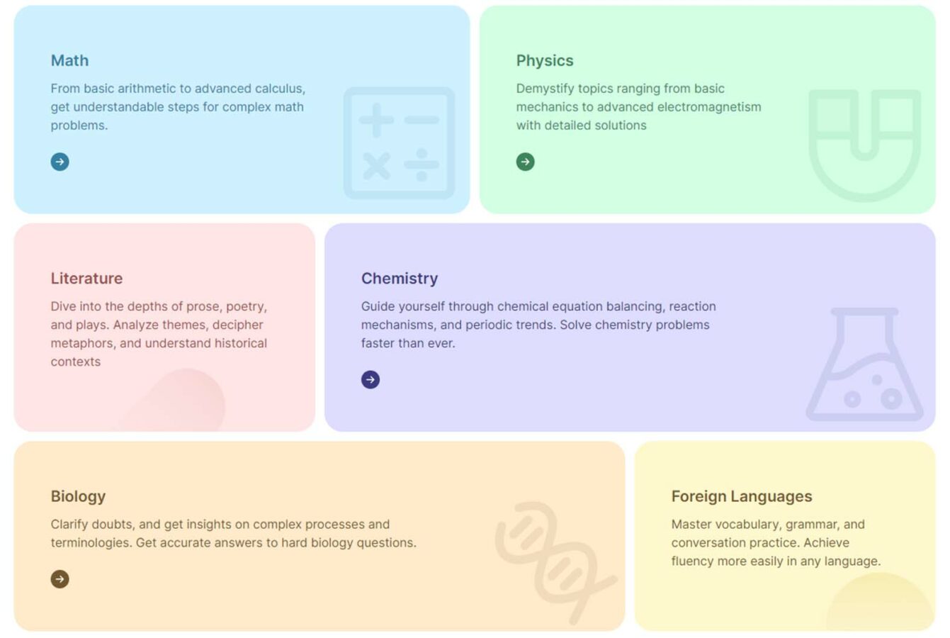 hix tutor: l'aiutante per i compiti più intelligente per tutte le materie Different subjects including math