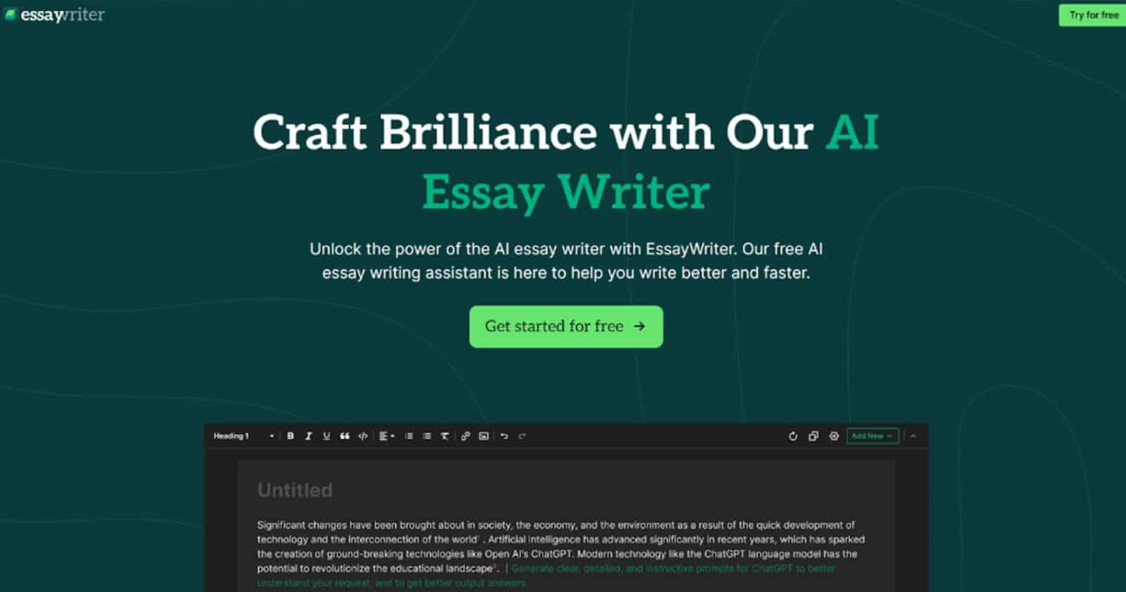 saggista è il miglior scrittore di intelligenza artificiale per aiutarti a scrivere saggi migliori Essaywriter interface in green background