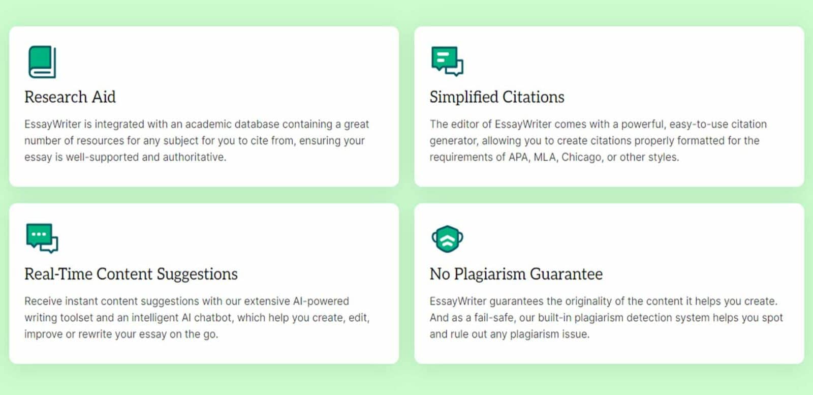 Essaywriter features in green background