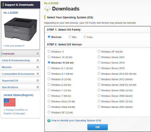 select your operating system of brother