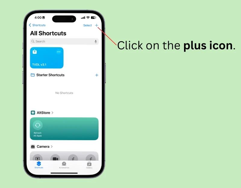 click on the plus shorcut icon